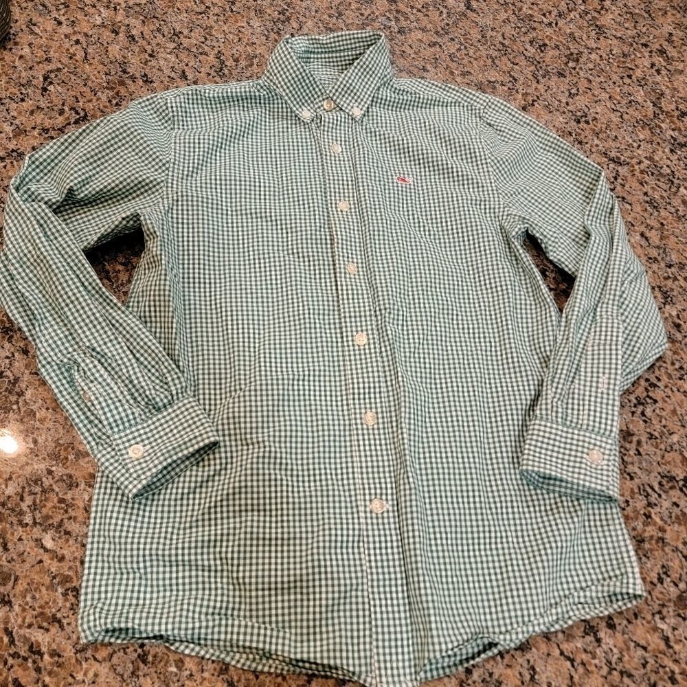 🍀Vineyard Vines Whale Shirt Button Down Green gingham check M (12-14)